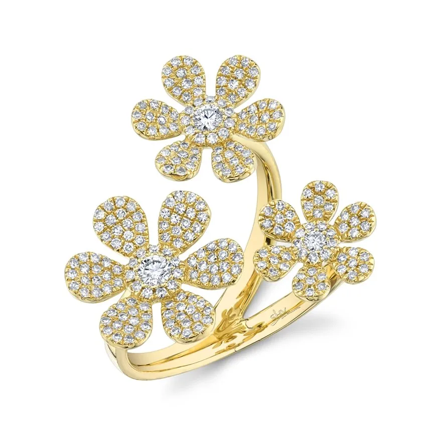 14KT Gold 0.62 CTW Diamond Pave 3 Flower Ring