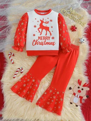 2024 Girls Christmas Reindeer Cartoon Print Sweatshirt & Flared Pants 2pcs Set