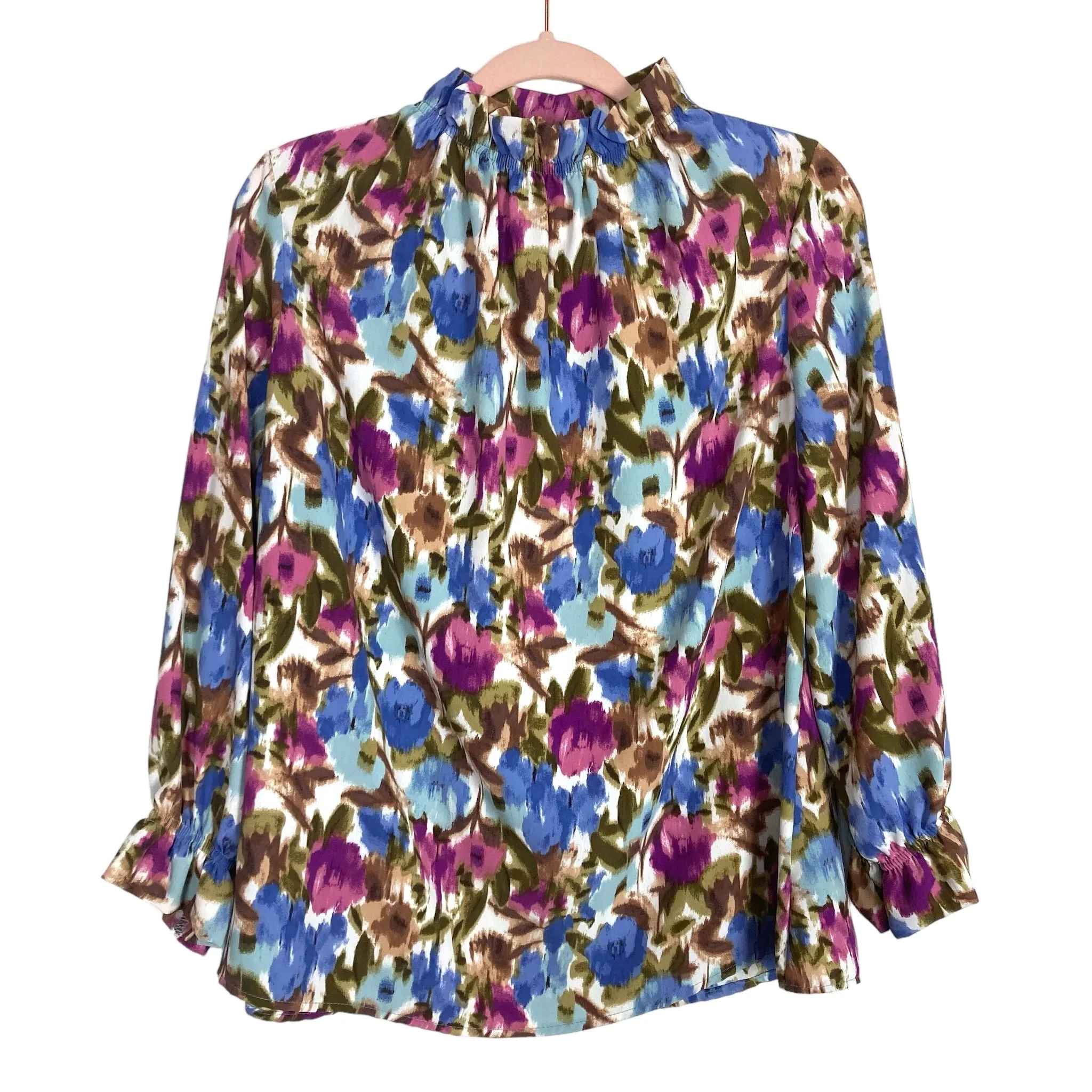 2Hearts Watercolor Floral Ruffle Neck Keyhole Back Blouse- Size M