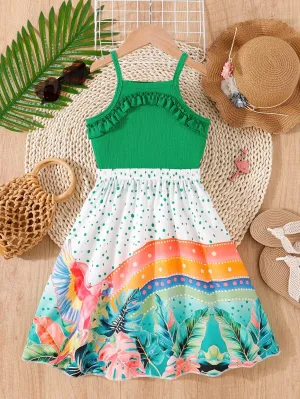 2pcs Young Girl Skirt Set, Summer Casual Outdoor Vacation Style Plant Printed Sleeveless Top And Printed Skirt Set