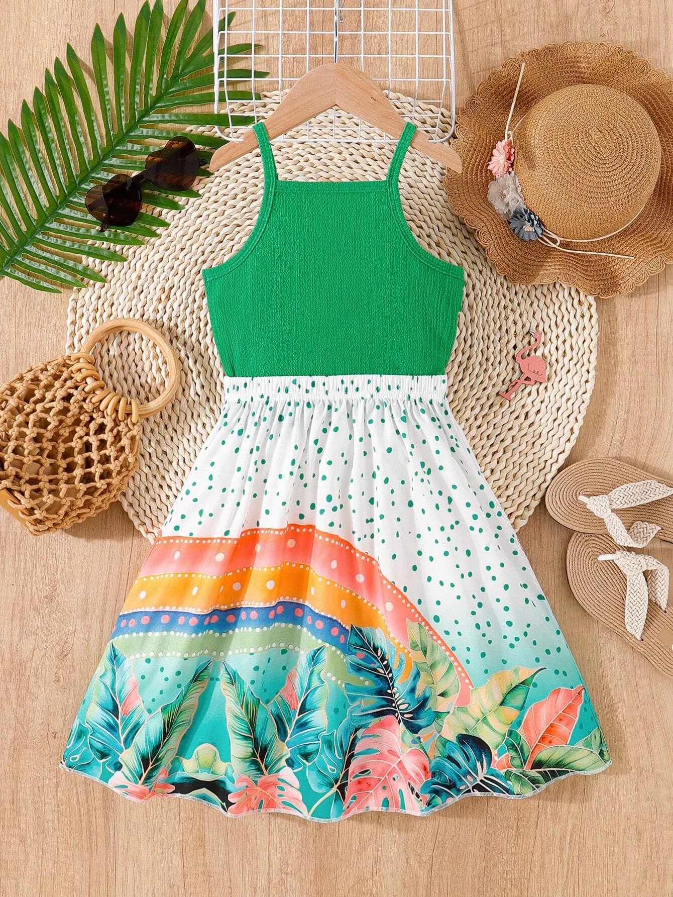 2pcs Young Girl Skirt Set, Summer Casual Outdoor Vacation Style Plant Printed Sleeveless Top And Printed Skirt Set