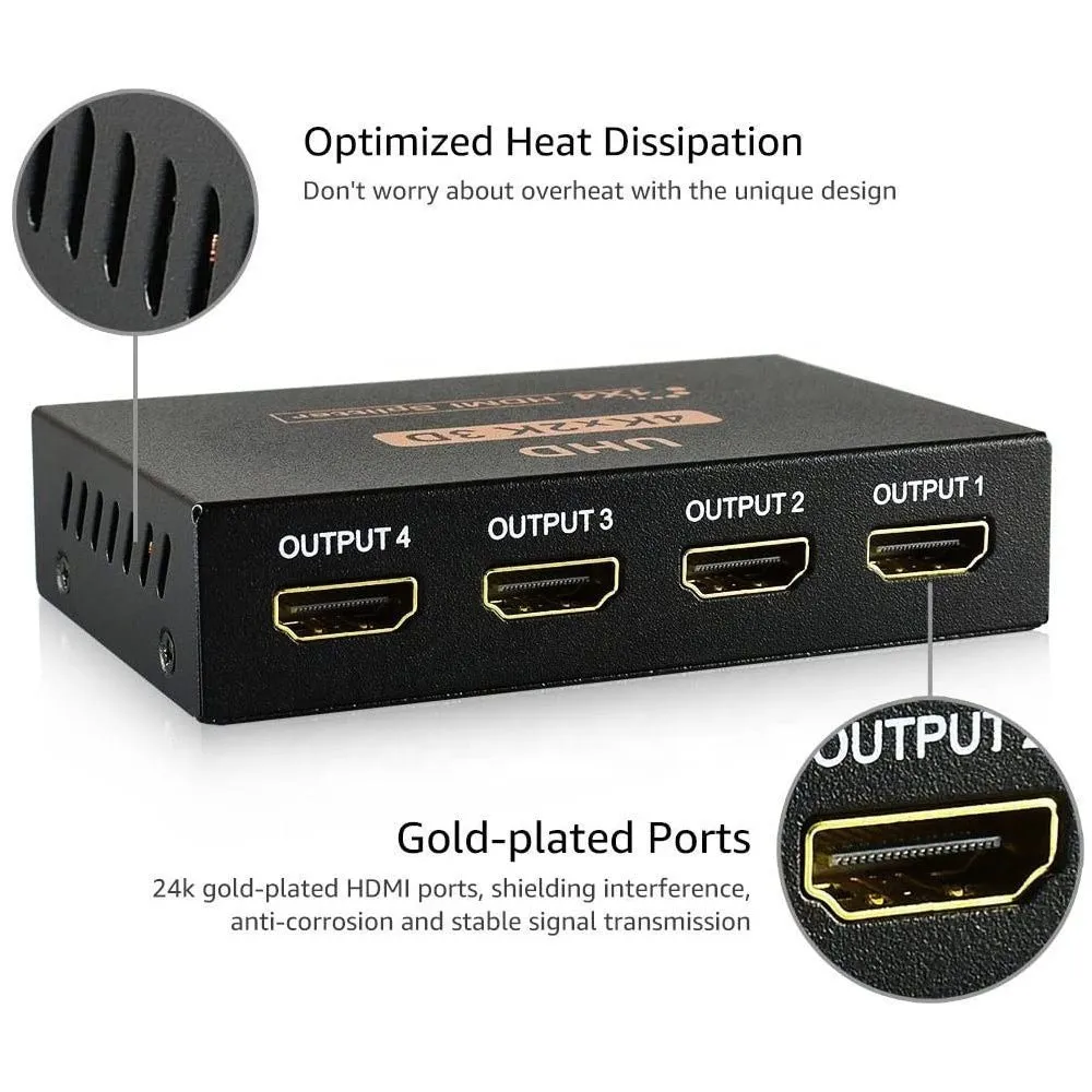 4K 4 port hdmi Splitter - 1 to 4 Port HDMI Splitter 4K Adapter Converter for HDTV, 3D, TV, PC