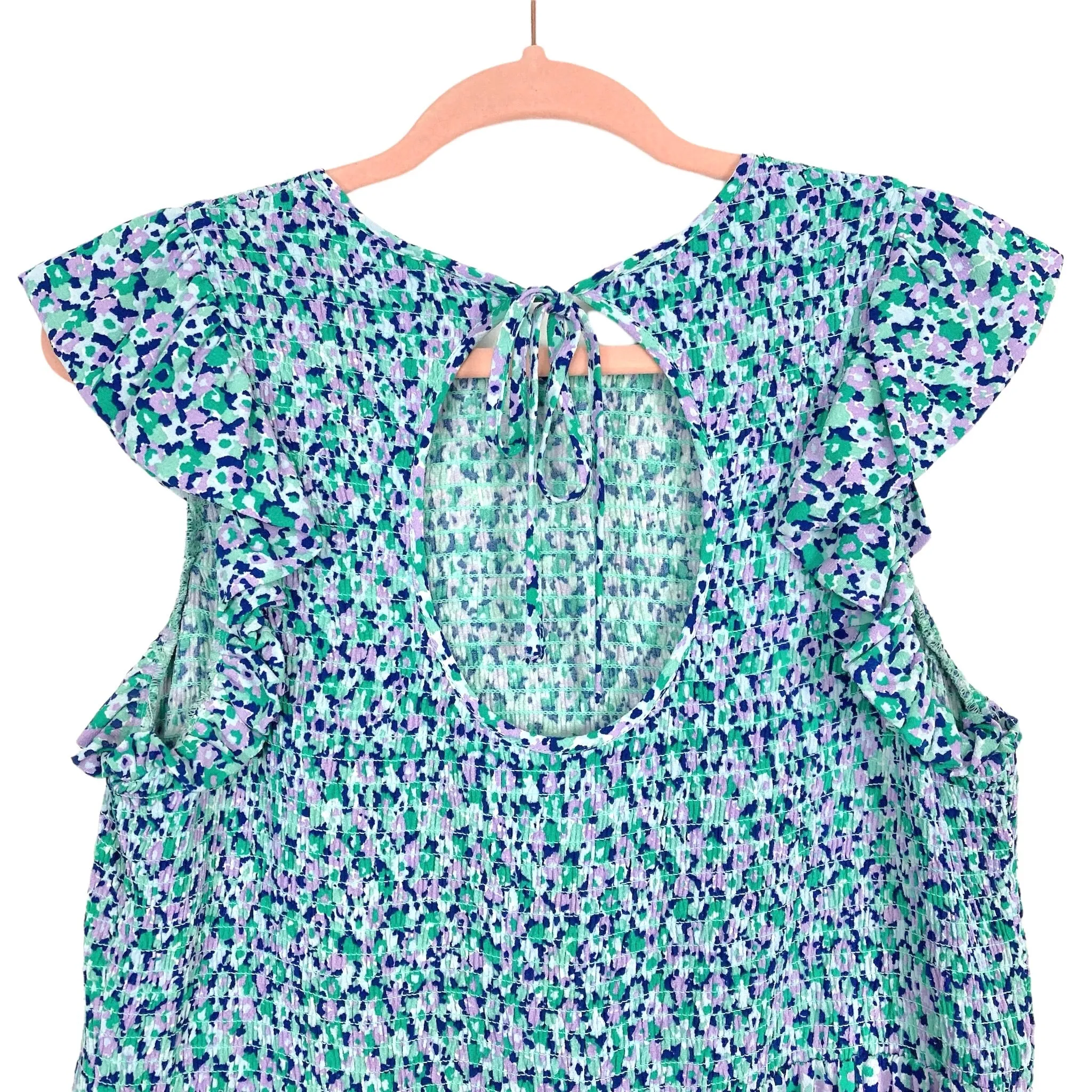 A New Day Green/Lilac Floral with Back Cut Out and Tie Smocked Dress- Size L (sold out online)