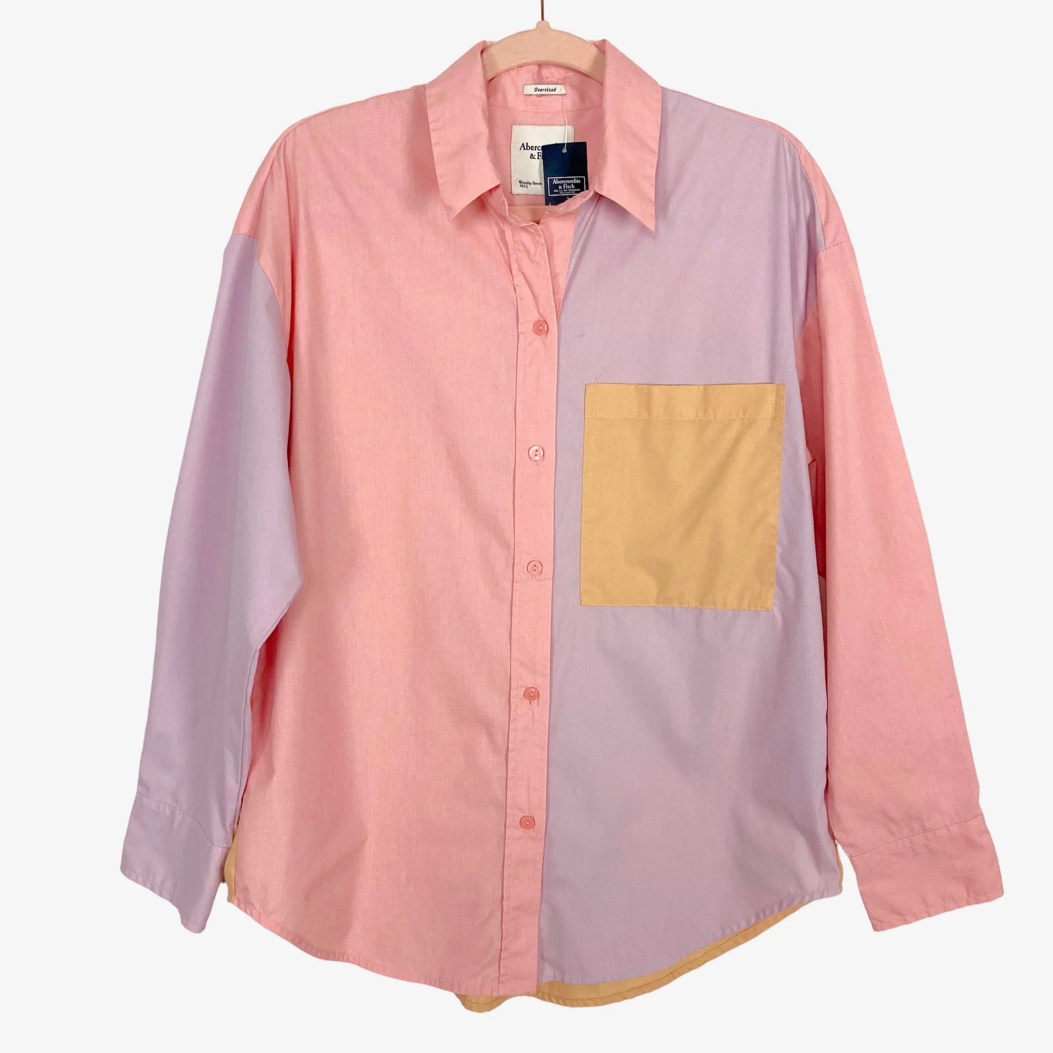 Abercrombie & Fitch Light Purple/Pink/Gold Color Block Oversized  Poplin Button Up NWT- Size S (see notes)