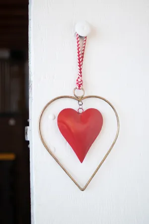 Antique Brass & Red Heart Door Hanger