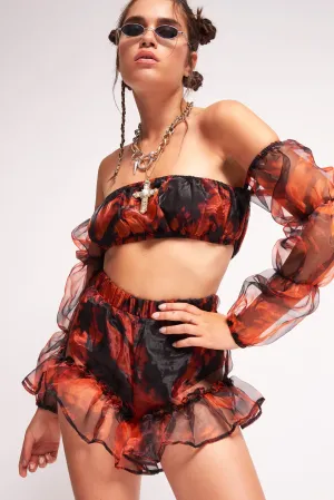 Black & Orange Tie Dye Organza Puff Sleeve Top