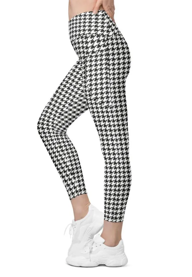 Black & White Houndstooth Print Crossover Leggings With Pockets