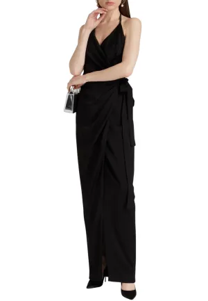 Black Celia Pleated Satin Halter-neck Gown