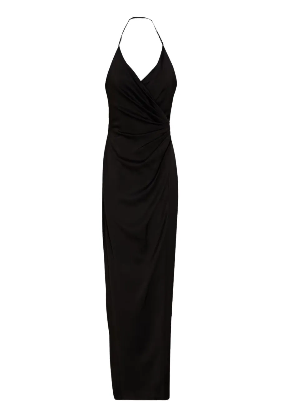 Black Celia Pleated Satin Halter-neck Gown