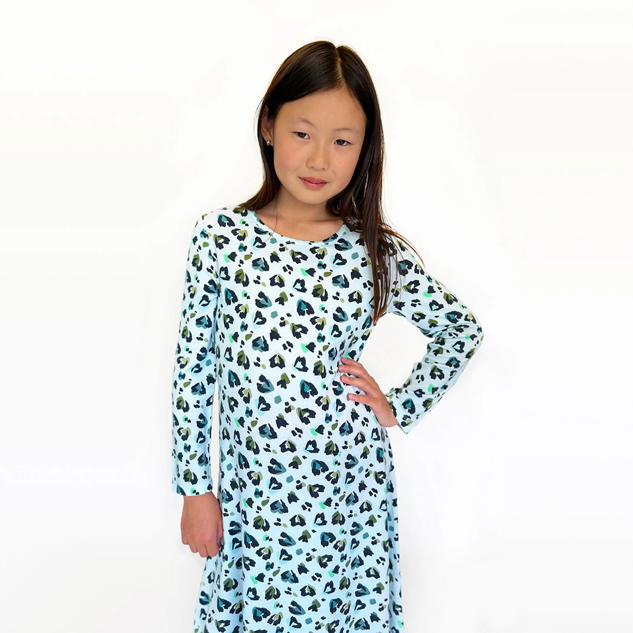 Blue Leopard Bamboo Girls' Long Sleeve Dress