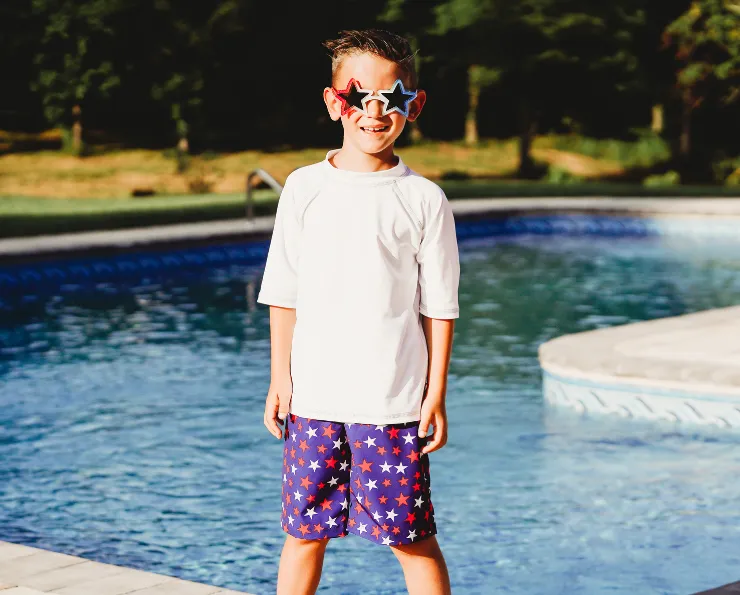 Boys UPF 50  Recycled Polyester Soft Stretch Below the Knee Printed Swim Board Shorts  | Rainbow