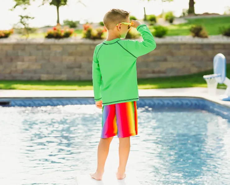 Boys UPF 50  Recycled Polyester Soft Stretch Below the Knee Printed Swim Board Shorts  | Rainbow