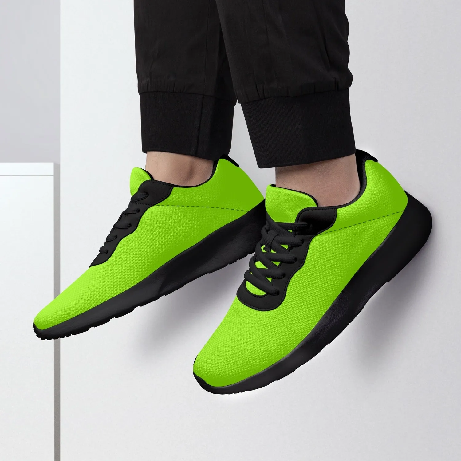 Bright Green Unisex Running Shoes, Soft Solid Green Color Best Lifestyle Unisex Casual Designer Mesh Running Shoes With Black Soles