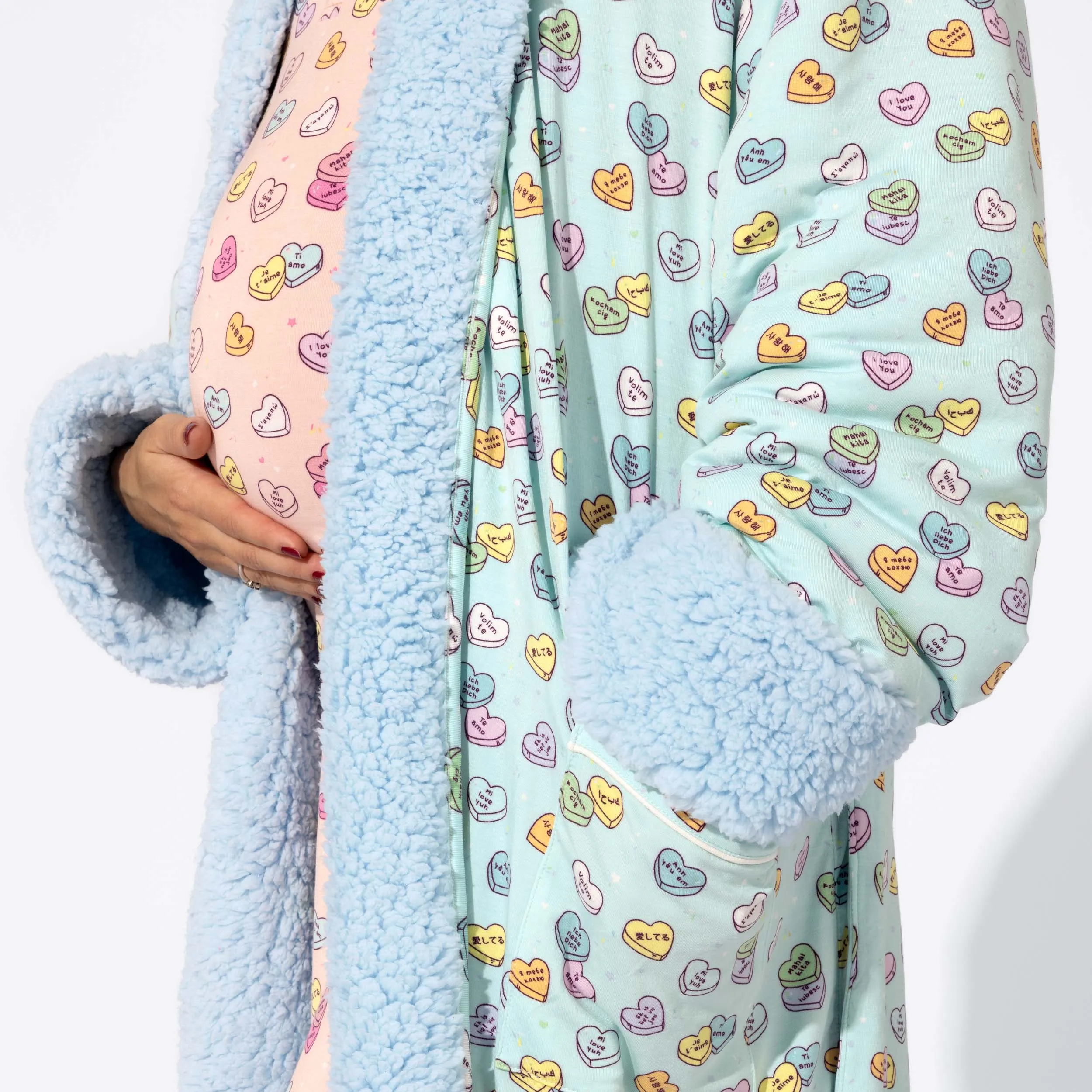 Candy Hearts Blue Bamboo Adult Sherpa Robe