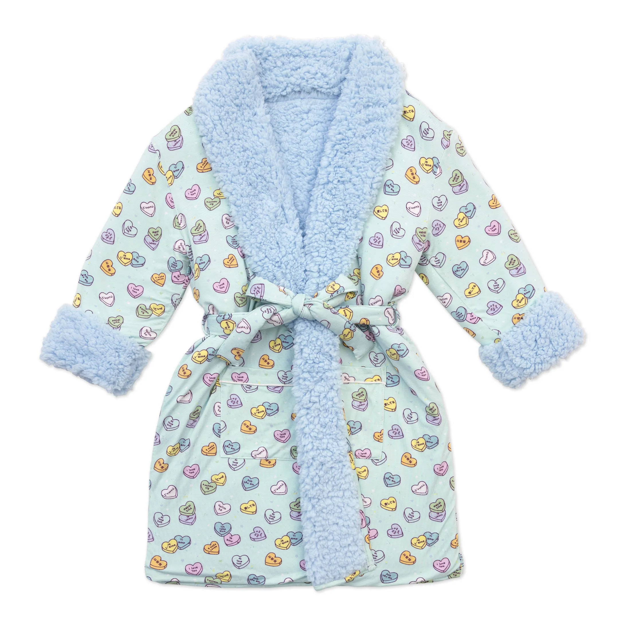 Candy Hearts Blue Bamboo Adult Sherpa Robe