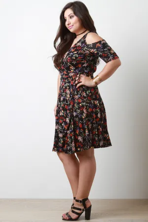 Cold Shoulders Floral Surplice Dress