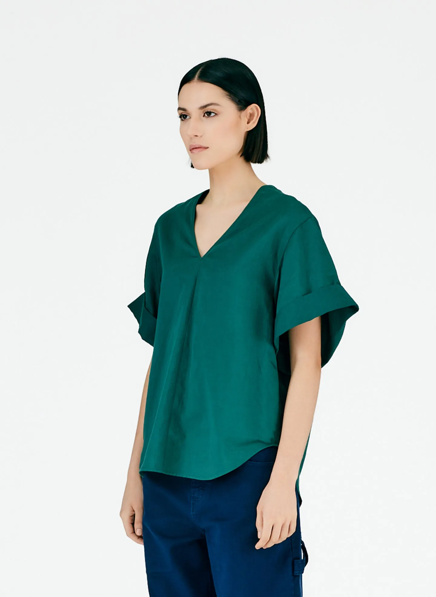 Cotton Linen Sateen V-Neck Top