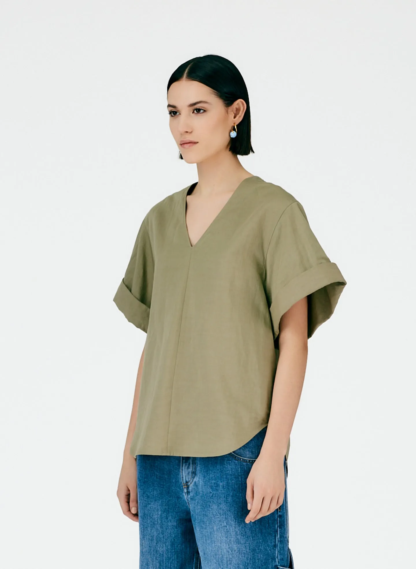 Cotton Linen Sateen V-Neck Top