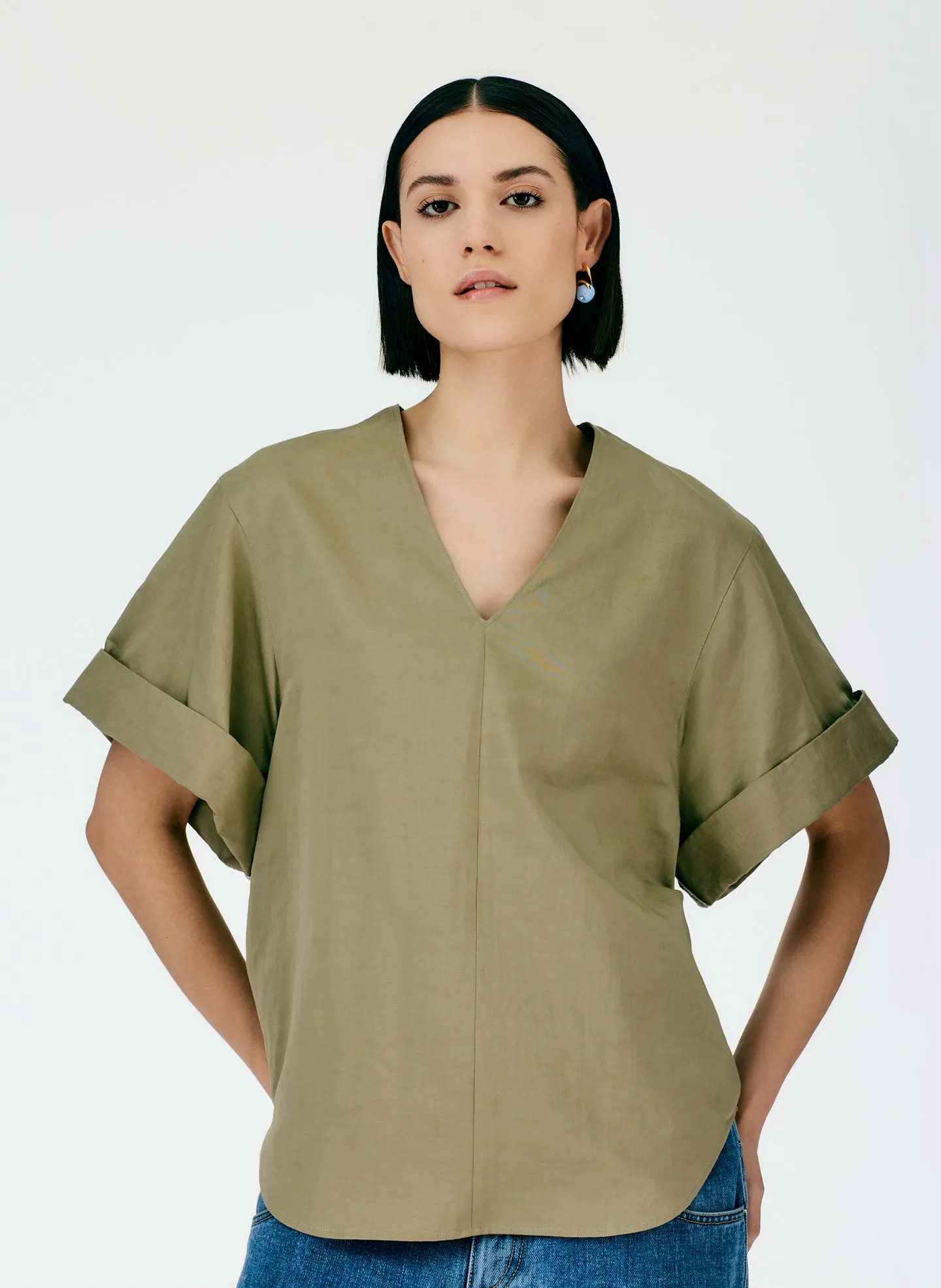 Cotton Linen Sateen V-Neck Top