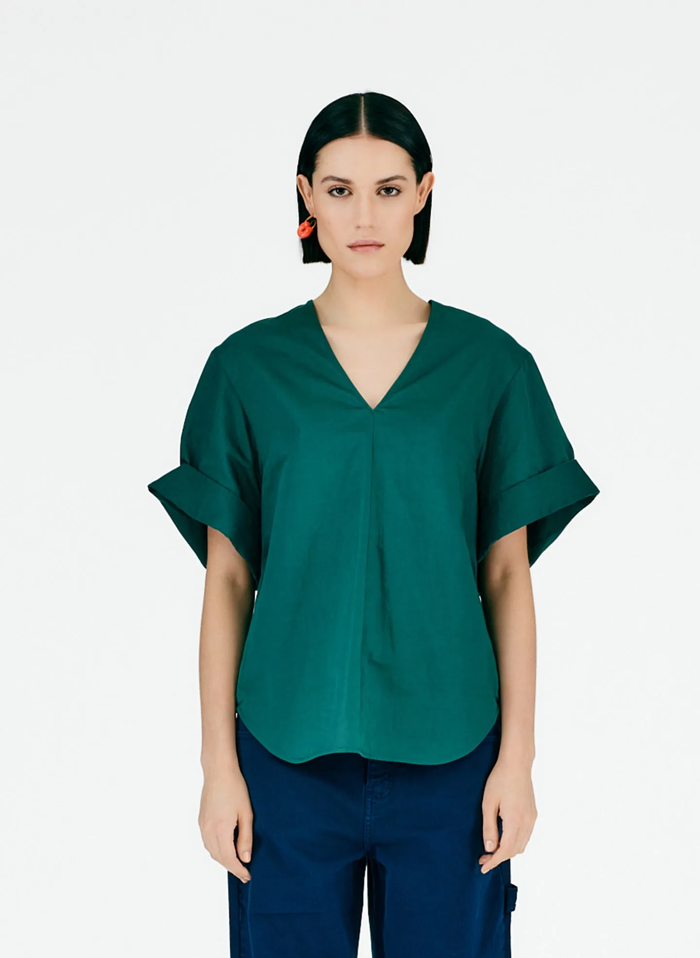 Cotton Linen Sateen V-Neck Top