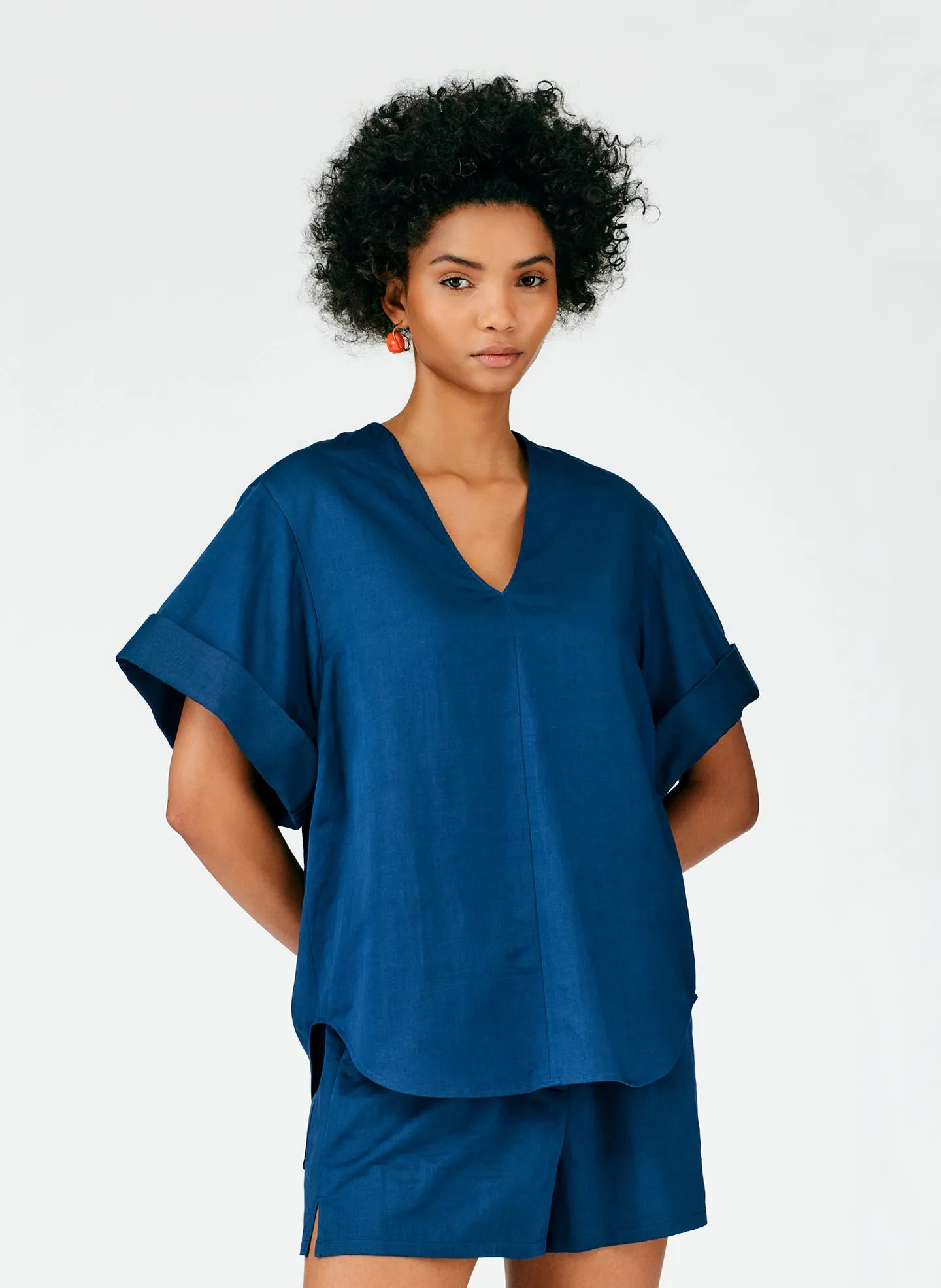 Cotton Linen Sateen V-Neck Top