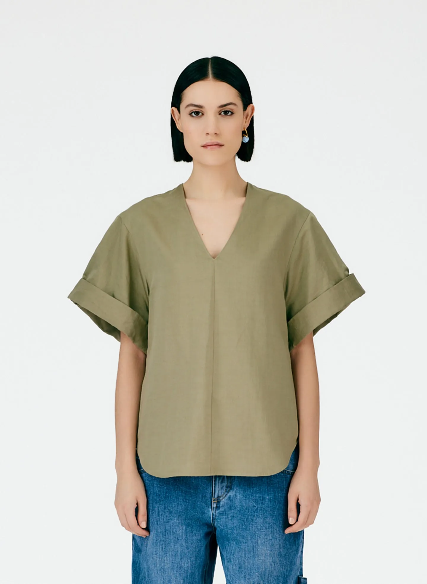 Cotton Linen Sateen V-Neck Top