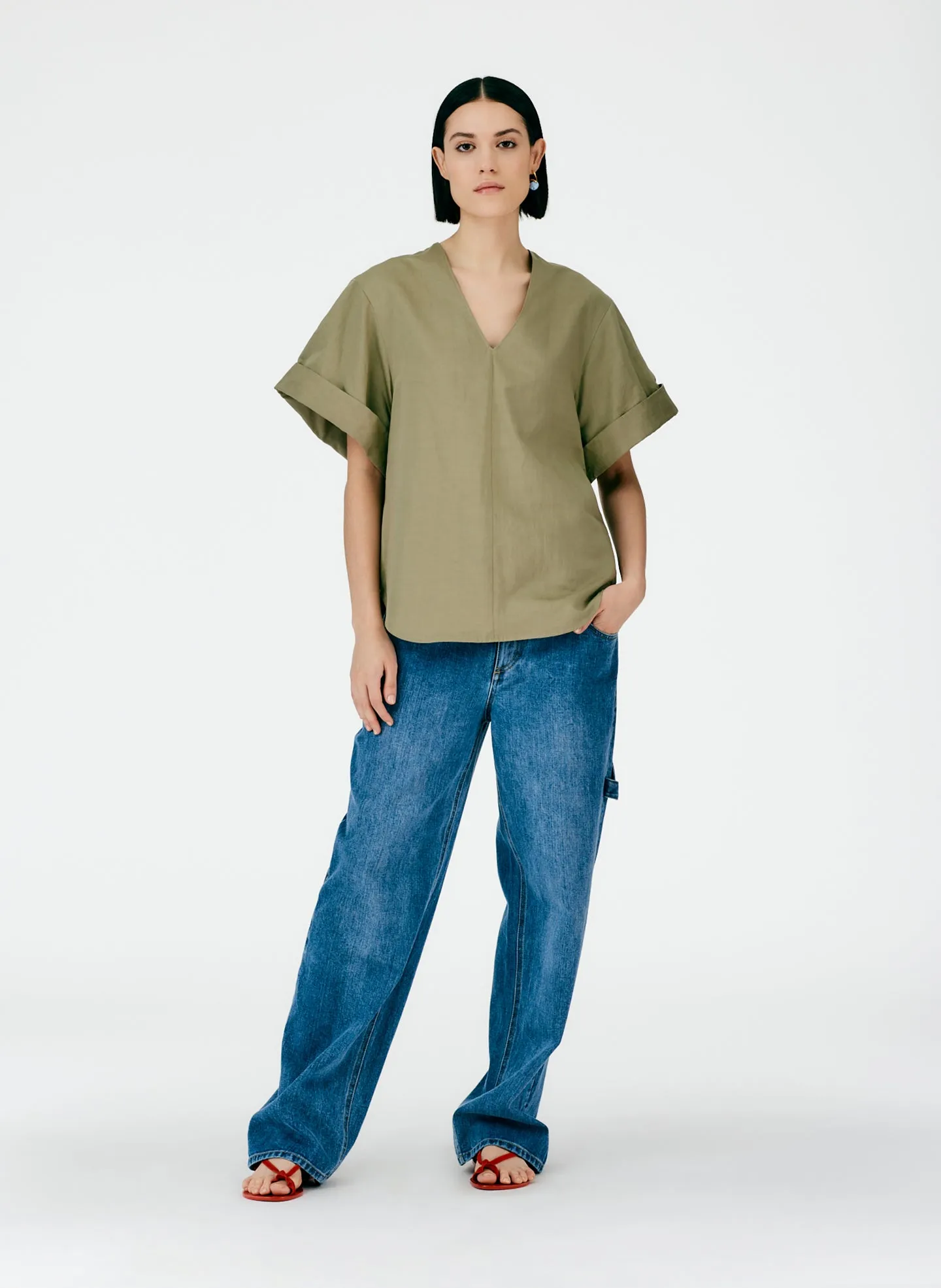 Cotton Linen Sateen V-Neck Top