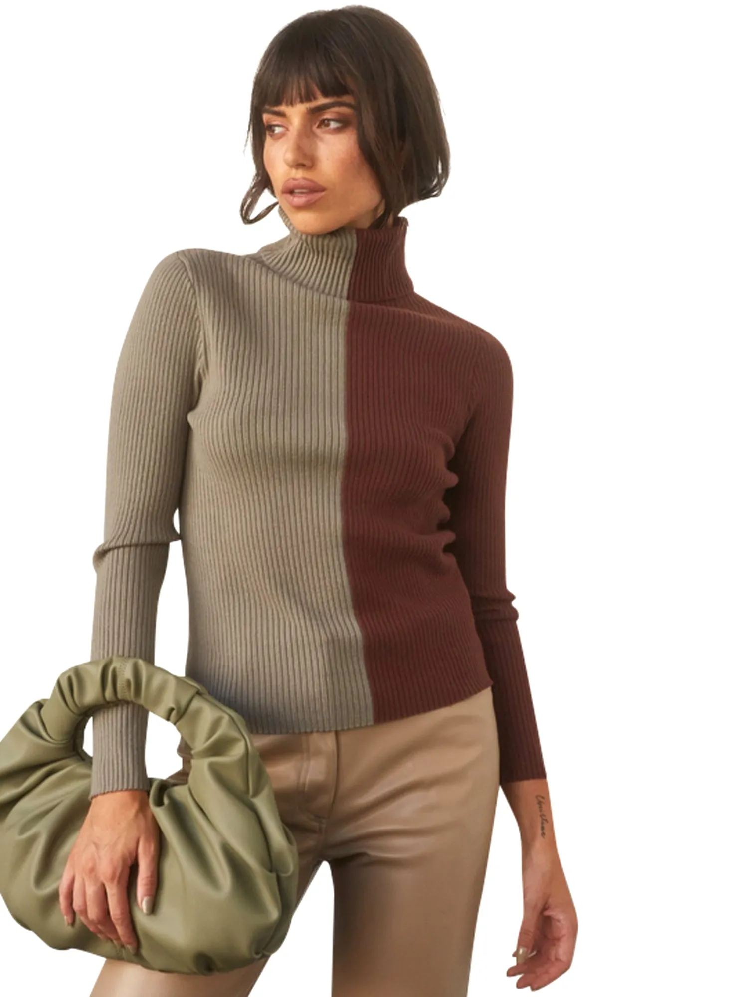 Crescent Stacy Color Block Knit Turtleneck Top