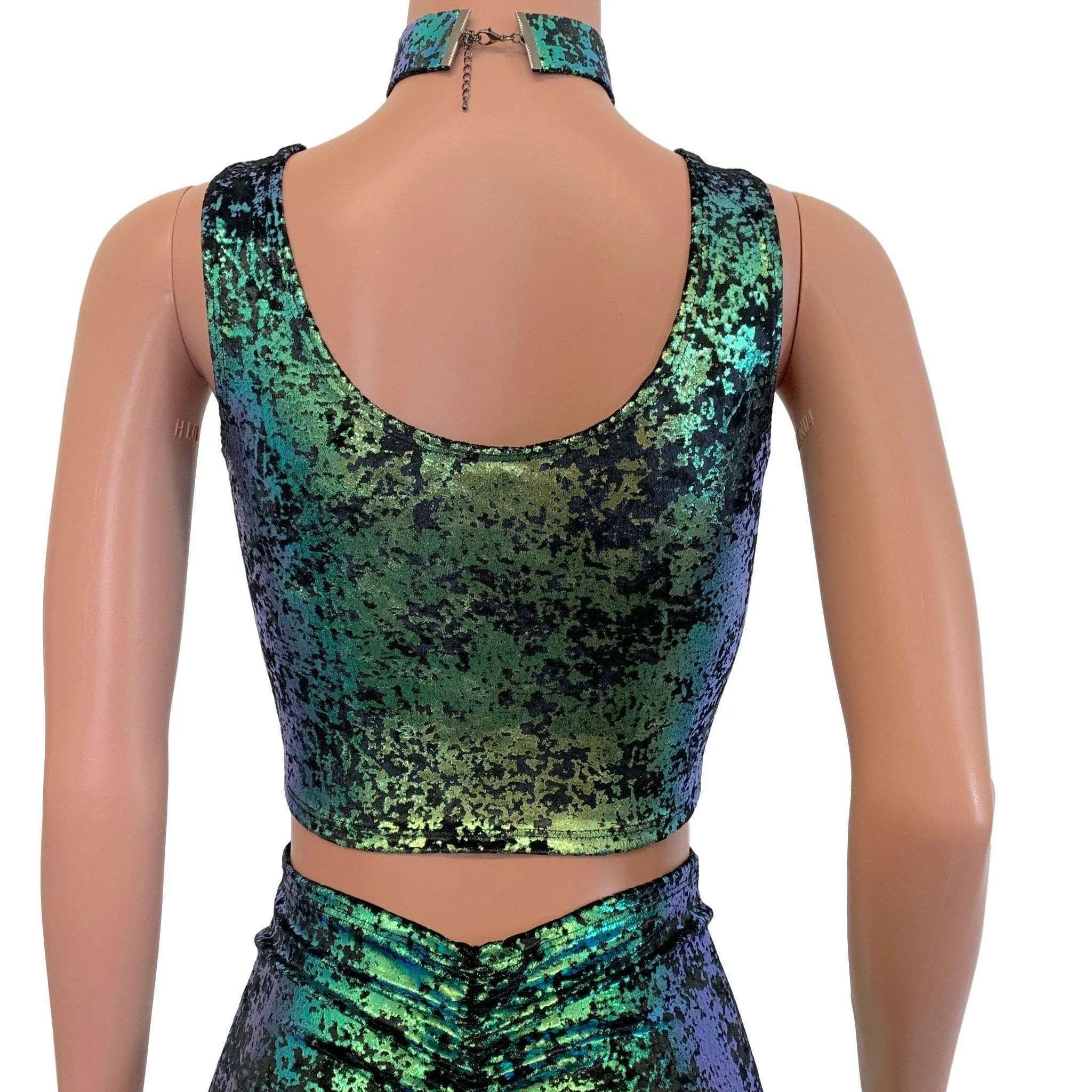 Crop Tank Top - Black/Green Iridescent Gilded Velvet