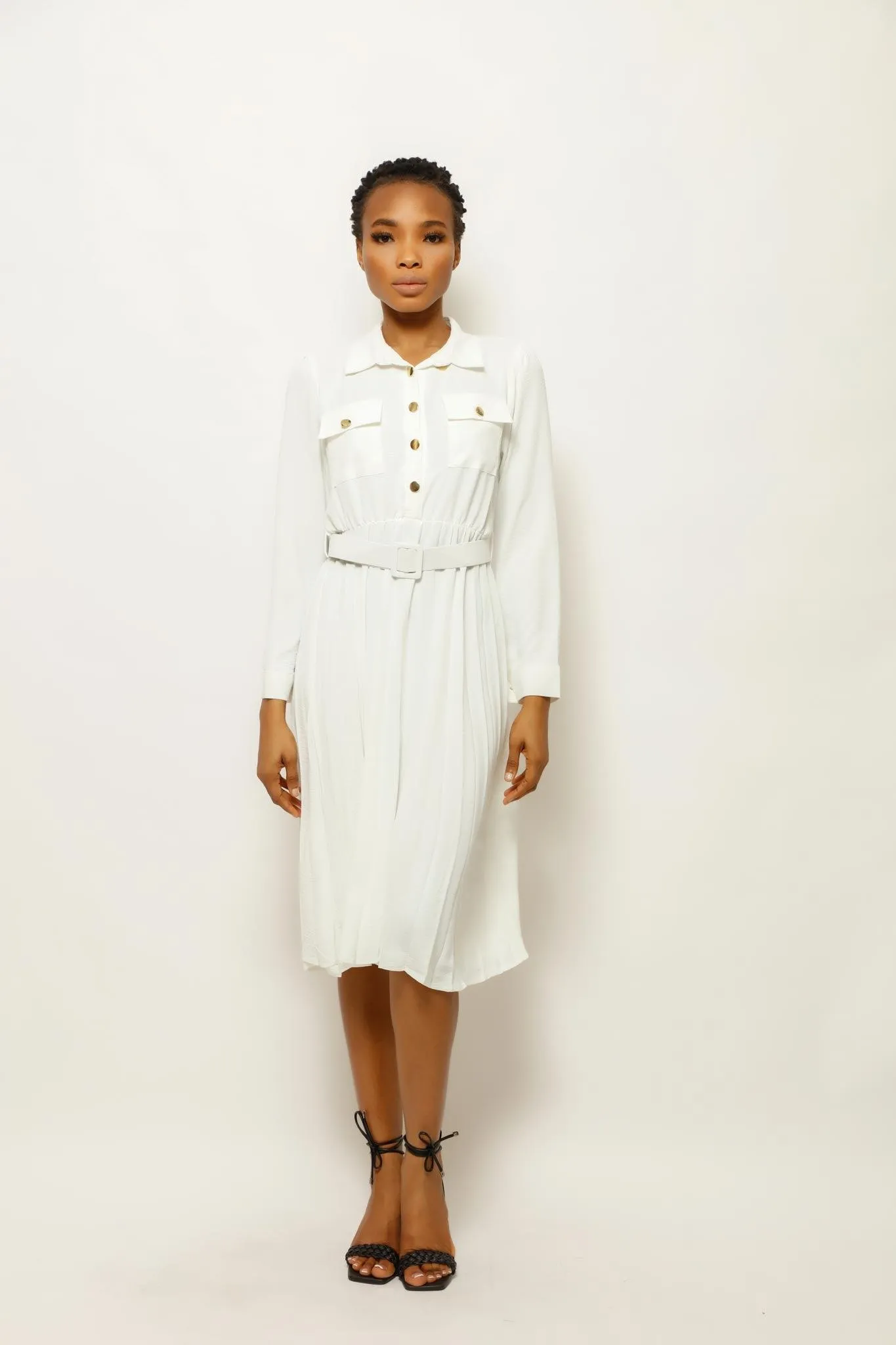 EBLISE COLLARED BELTED MIDI DRESS