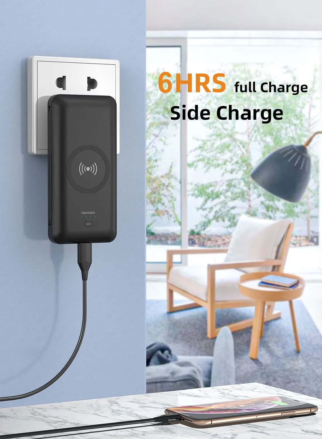 Factory Six in One AC plug Wireless fast Charger Power Bank 10,000 mAH PD18W 5.1A quick charger support  PD 3.0, QC 3.0,Heloideo PB163ACW-B