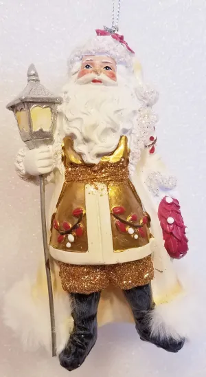 Gold/White/Red Santa Ornament Holding Silver Lantern & Red Wreath