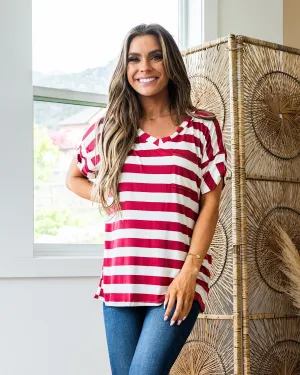 Jenna Stripe Boyfriend V Neck Top - Terracotta