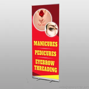 Manicures Pedicures Eyebrow Threading Retractable Banner with Aluminum Stand, 3’w x 6.5’h, Full Color