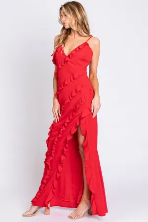 Red Spaghetti Strap Ruffle Maxi Dress