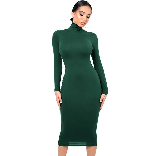 Turtleneck Sexy Women Dress Autumn Long Sleeve Skinny Bodycon Casual Blue Plush Knee-Length