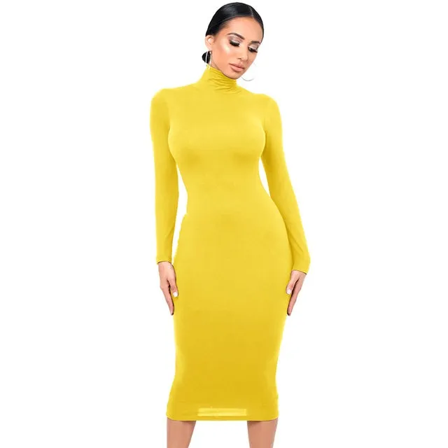 Turtleneck Sexy Women Dress Autumn Long Sleeve Skinny Bodycon Casual Blue Plush Knee-Length